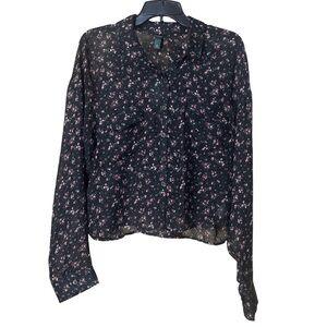 Wild Fable Target Black Floral Button Front Blouse Sheer Crop - Size XL